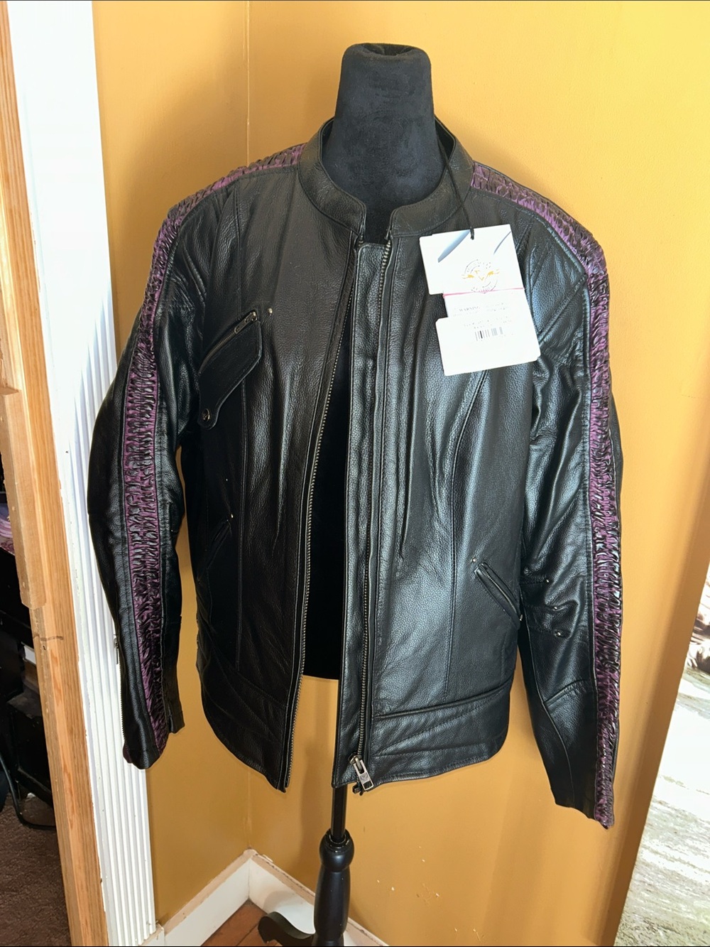 NWT Women's Black Leather Jacket with Purple Side Trim - Classic Zip Front